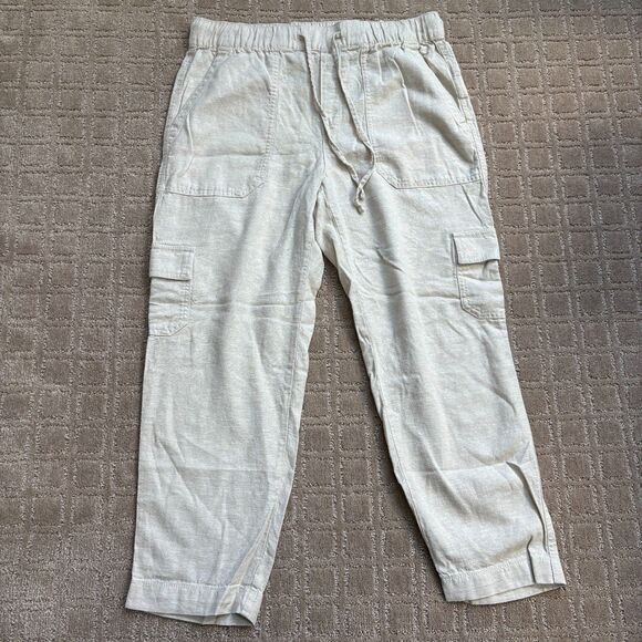 Gap Linen Cargo Pants Women's M Pull On Drawstring Tan Stone Crop Ankle Travel - Picture 1 of 5